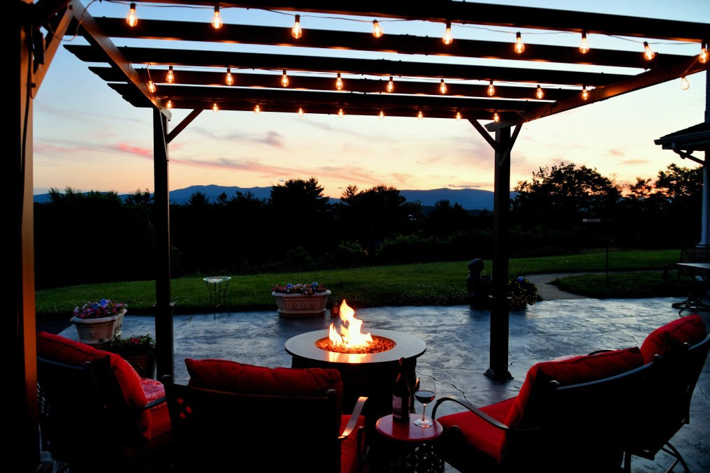 fire pit in a backyard at sunset