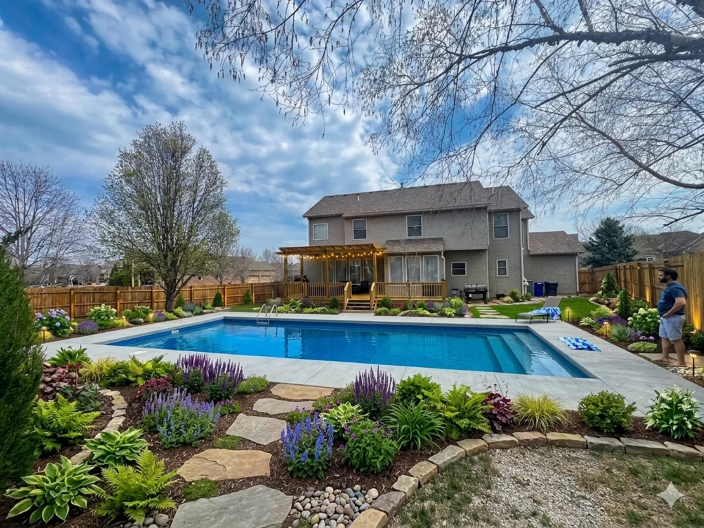 Rectangular fiberglass pool with a cedar pergola and new landscaping