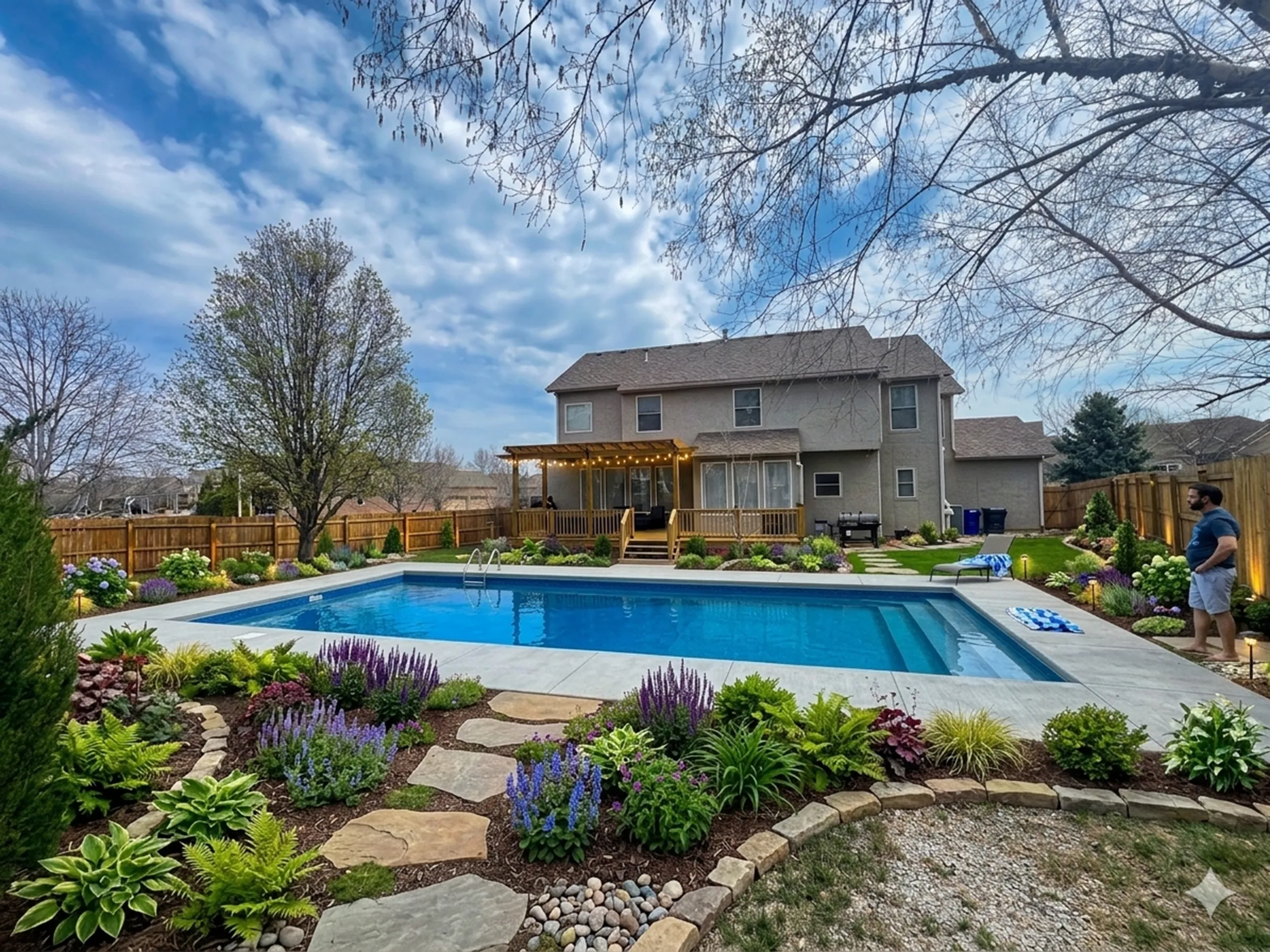 Rectangular fiberglass pool with a cedar pergola and new landscaping