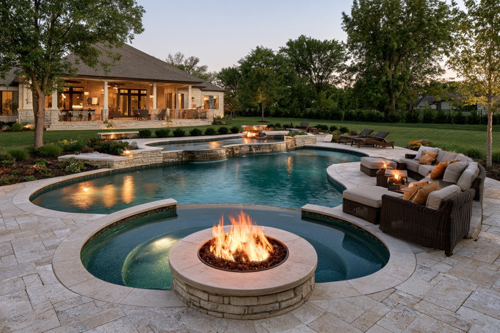 Fire pit beside a pool