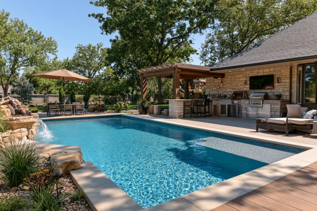 Outdoor kitchen beside a pool