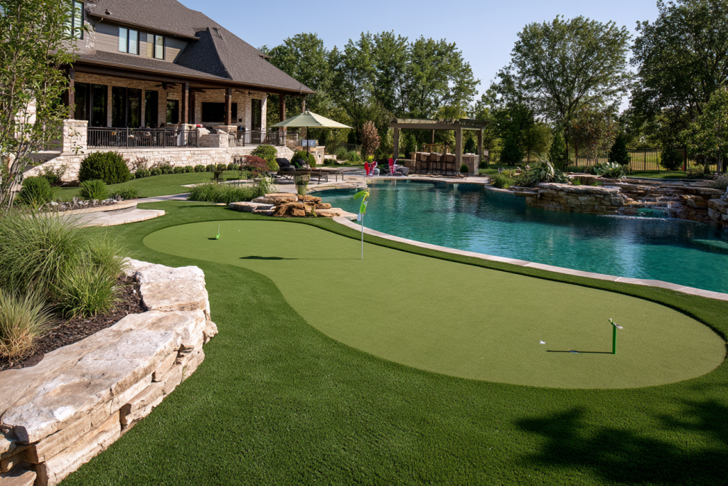 Putting green beside a pool